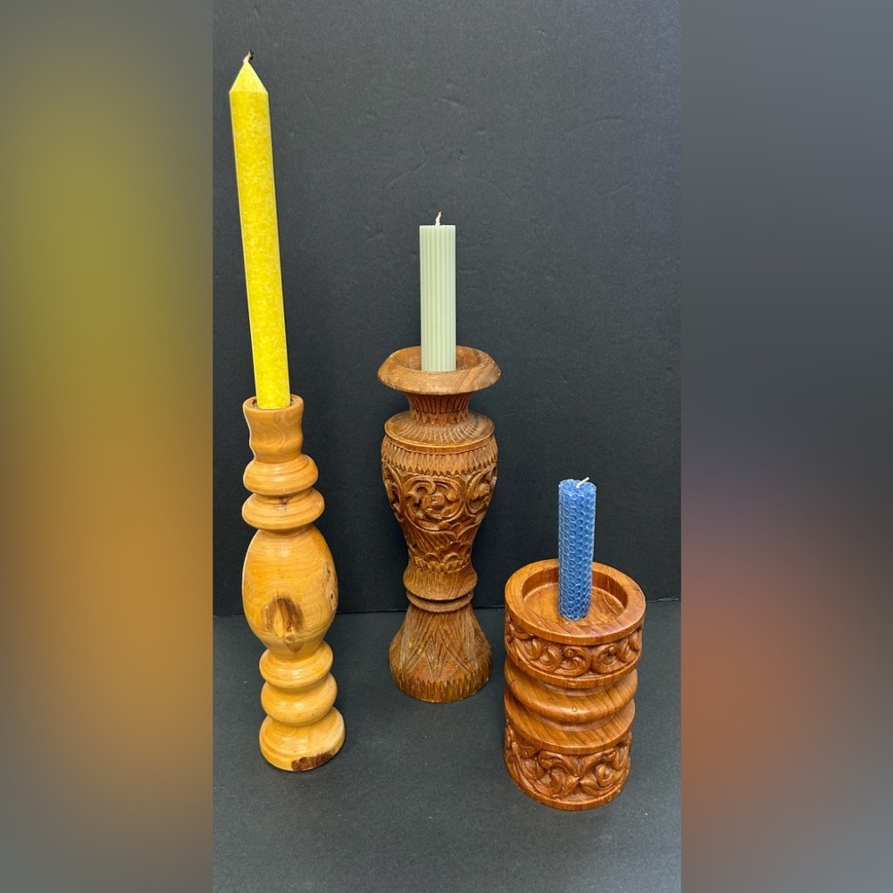Handcrafted Wooden Candle sticks/ sold as a set. Unique Holders Set - Brown